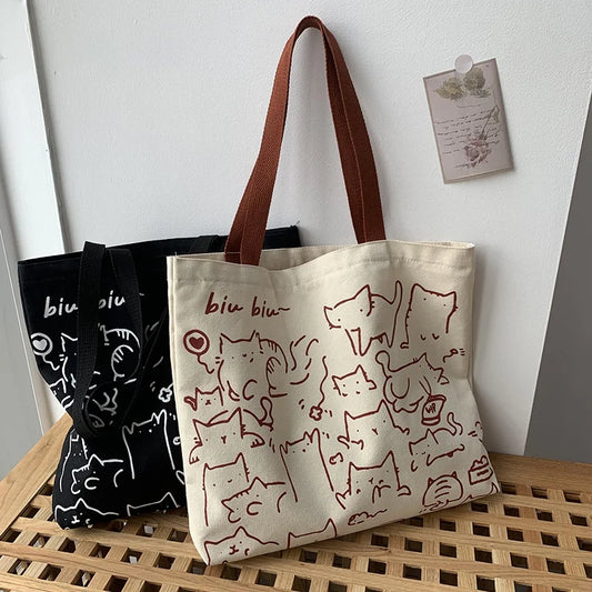 Canvas Bags Handbag for Women Shopper Cute Cat Tote Bag with Zipper Designer Bag Japanese Style Cartoon Small Shoulder Bags